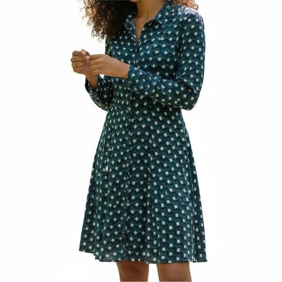 ZARA Blue Green White Shirt Dress Collared Button Geometric Long Sleeves - Large - Picture 1 of 12